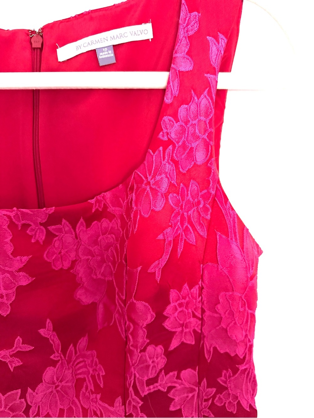 Luxe By Carmen Marc Valvo Bright Red and Fuchsia Floral Brocade Dress